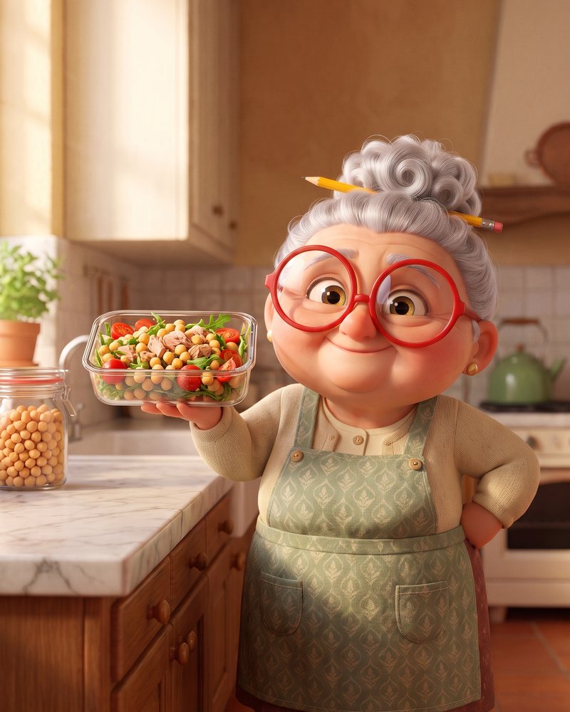 Nonna Ida mostra una schiscetta di ceci, tonno e pomodorini